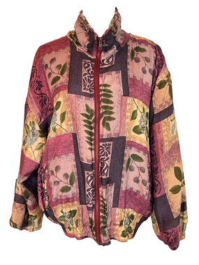 Vintage 100% Silk Patchwork Bomber Jacket Large Purple Leaf Print Funnel Neck